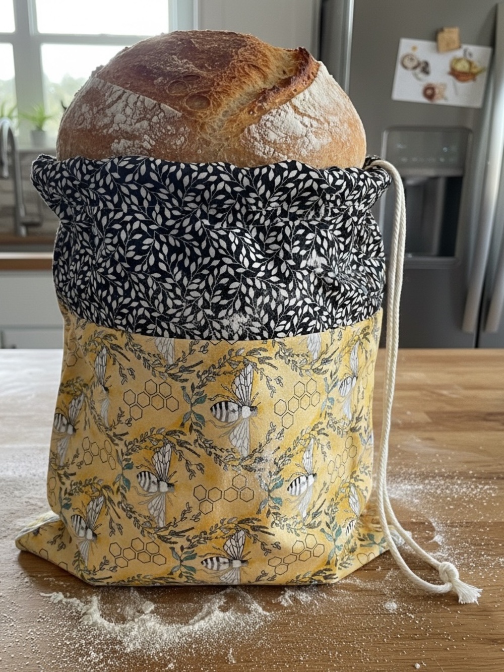 Bumblebee Bread Bag – Yellow & Black Cotton – Two Fabric Design – Reusable Sack